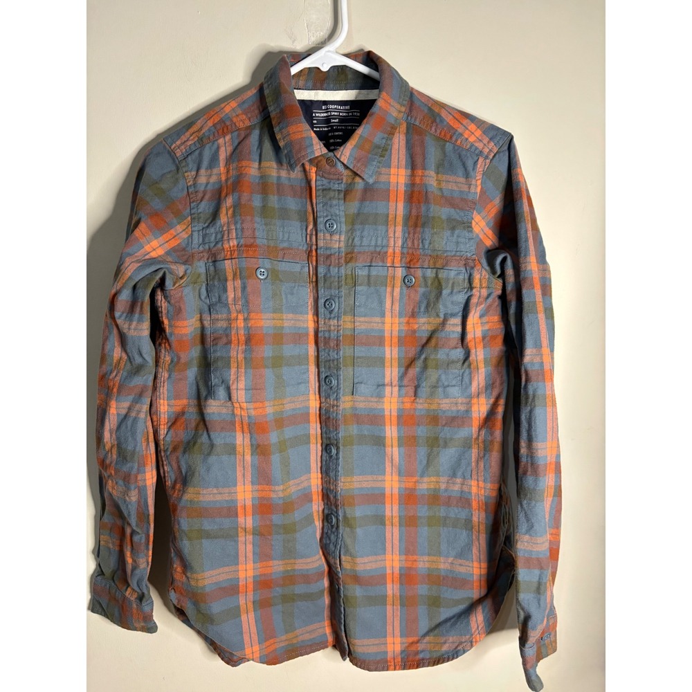 REI COOP Flannel Shirt Womens Small Blue Orange Plaid Long Sleeve Button Up